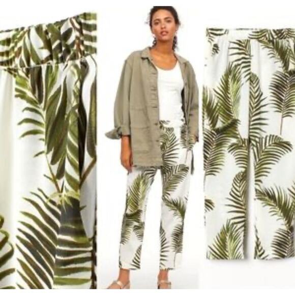 H&M Tropical Palm Leaf Ivory White Green Crepe Pull On Pants Trousers Sz XS New - Picture 1 of 6